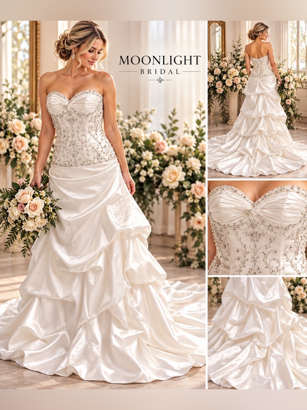 Moonlight Bridal Satin Wedding Dress Sweetheart Silver Beaded Ruffled Train 6